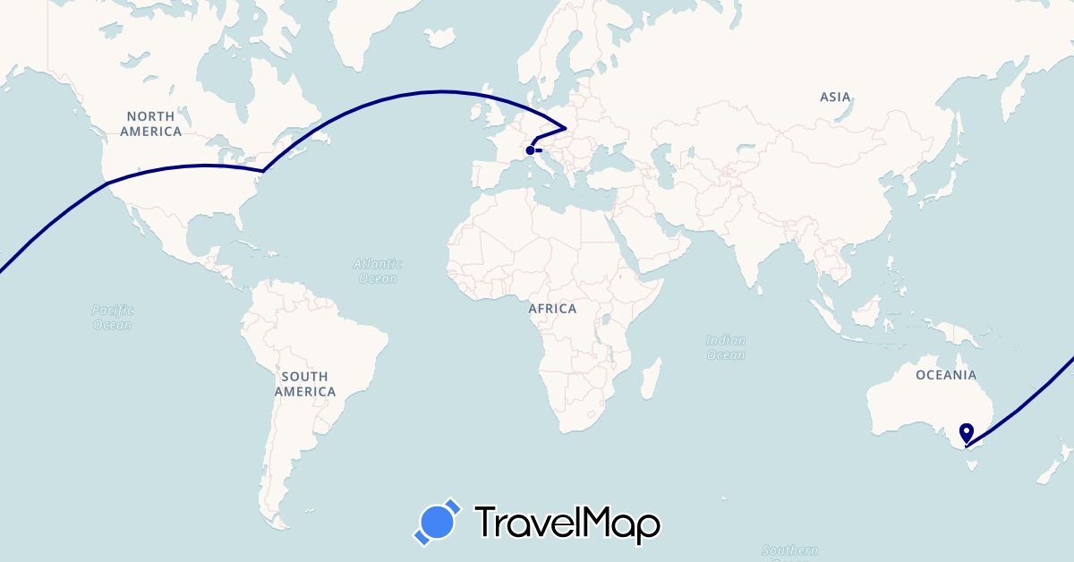 TravelMap itinerary: driving in Australia, Germany, Italy, Poland, United States (Europe, North America, Oceania)